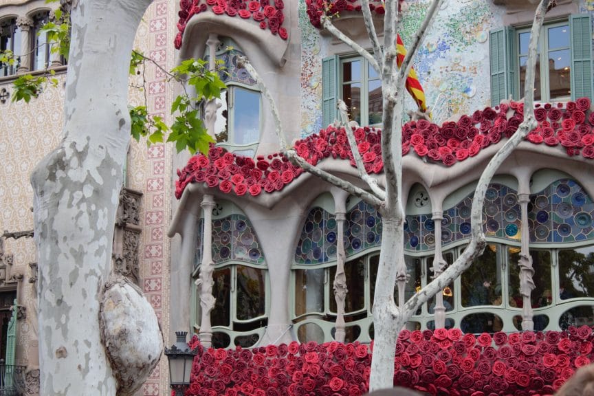 The windows of Casa Batlló in Barcelona decorated for St. George's Day.