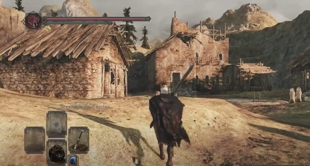 A knight with a large sword in a bright town, running towards some ruined houses.