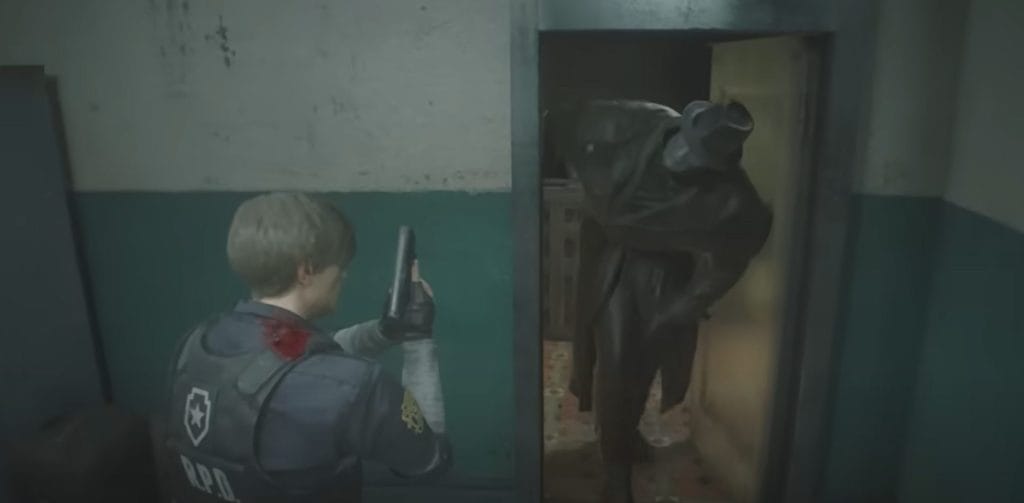 A large gray man peers into a small room, trying to locate the player.