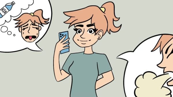 Girl taking selfie with thought bubbles of nausea and being thirsty, which are side effects of Ozempic.