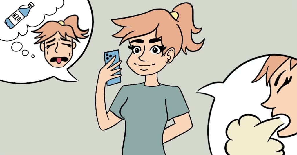 Girl taking selfie with thought bubbles of nausea and being thirsty, which are side effects of Ozempic.