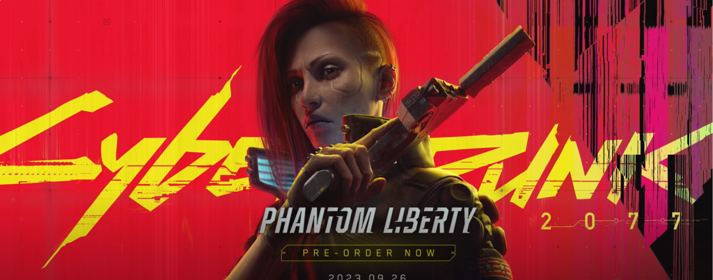 The main promotional image for the Phantom Liberty DLC, depicting a futuristic character holding a gun.