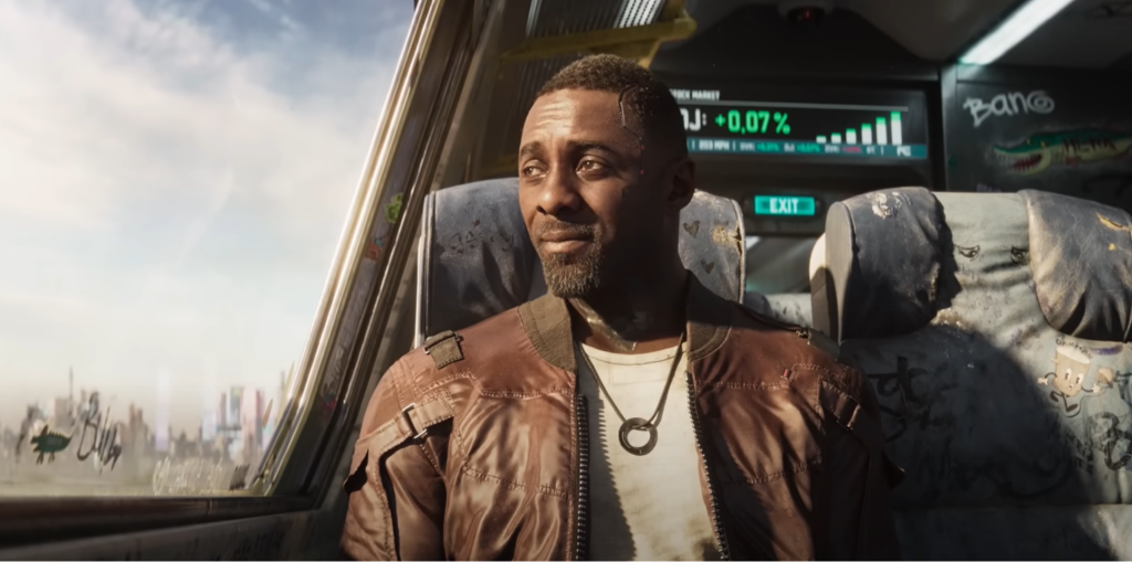 Idris Elba's character from the Cyberpunk expansion, Solomon Reed, stares out the window of a flying vehicle.