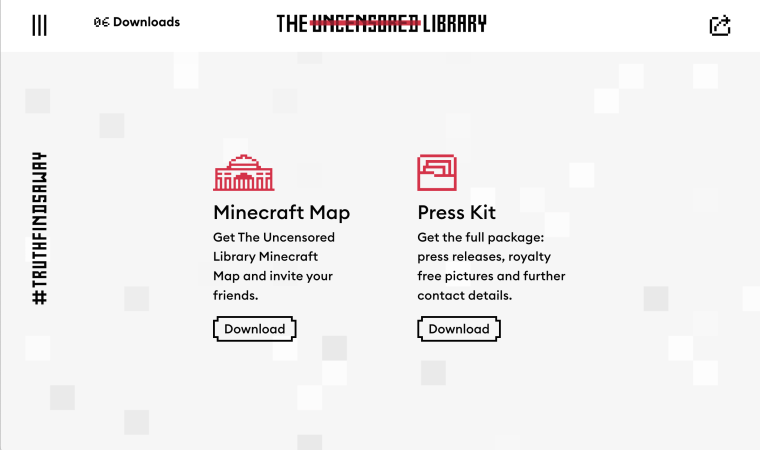 A screenshot of The Uncensored Library's website, showing links to download the map and to download the press kit.