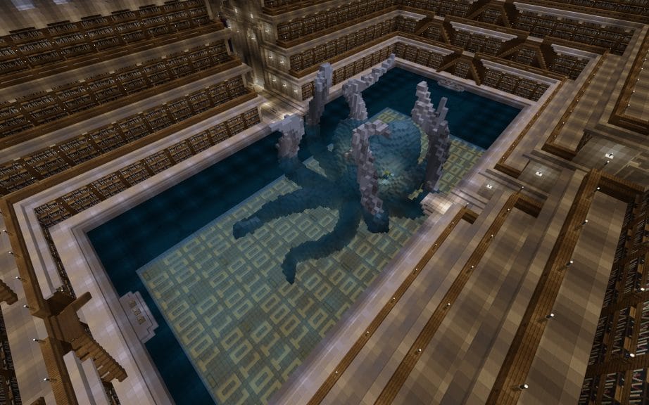 A screenshot of the Russia room, which contains a kraken just emerging from a pool that fills the room. At the bottom of the pool is a string of 0s and 1s to represent Russia's stern control of the internet.