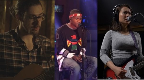 On the left, Hozier playing the guitar. In the middle, Frank Ocean is sitting with a microphone in front of him. On the right, Mitski is standing in front of a microphone with a guitar in her hands.