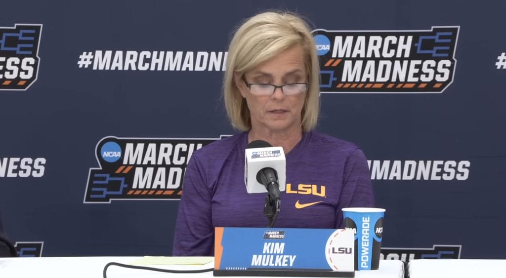 Kim Mulkey, coach of the LSU WBB team giving a press conference regarding an article set to be published by the Washington Post