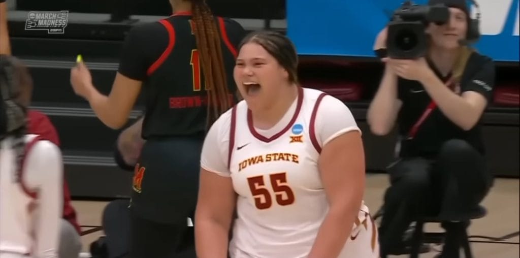 Audi Crooks, freshman basketball player showing excitement after scoring points in her first NCAAW playoff game.