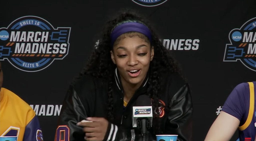 Angel Reese, LSU basketball player, giving a press conference following LSU's loss to Iowa