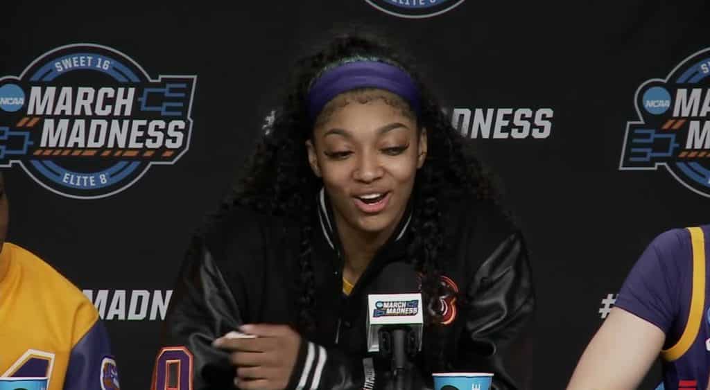 Angel Reese, LSU basketball player, giving a press conference following LSU's loss to Iowa