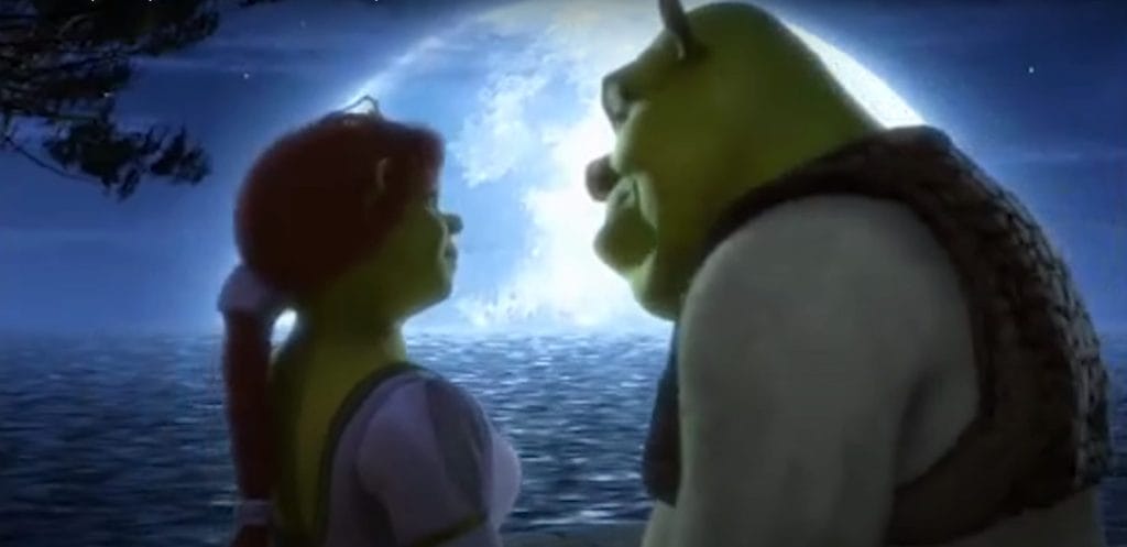 Shrek and Fiona stare into each other's eyes, a full bright moon illuminating them.