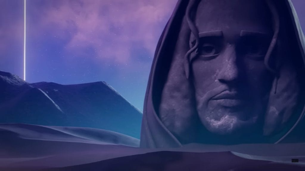 A statue of Russ's face and a light beam in a purplish desert in the official audio music video for "The Wind".