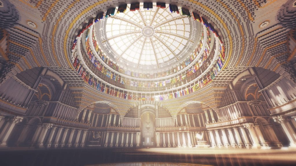 The sunlight pouring through the glass dome and over the 180 hanging flags in the entryway of The Uncensored Library.