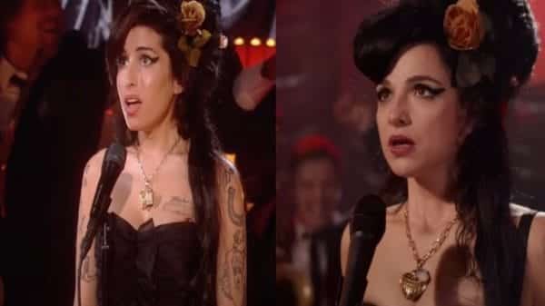 Amy Winehouse at the Grammys, next to Marisa Abela playing Amy Winehouse