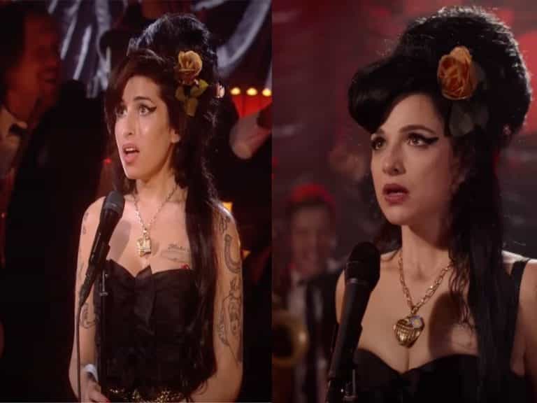 Amy Winehouse at the Grammys, next to Marisa Abela playing Amy Winehouse