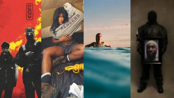 Compilation of album and single covers: from left to right, Twenty One Pilots, SZA, Dua Lipa, and Kanye West + Ty Dolla Sign.