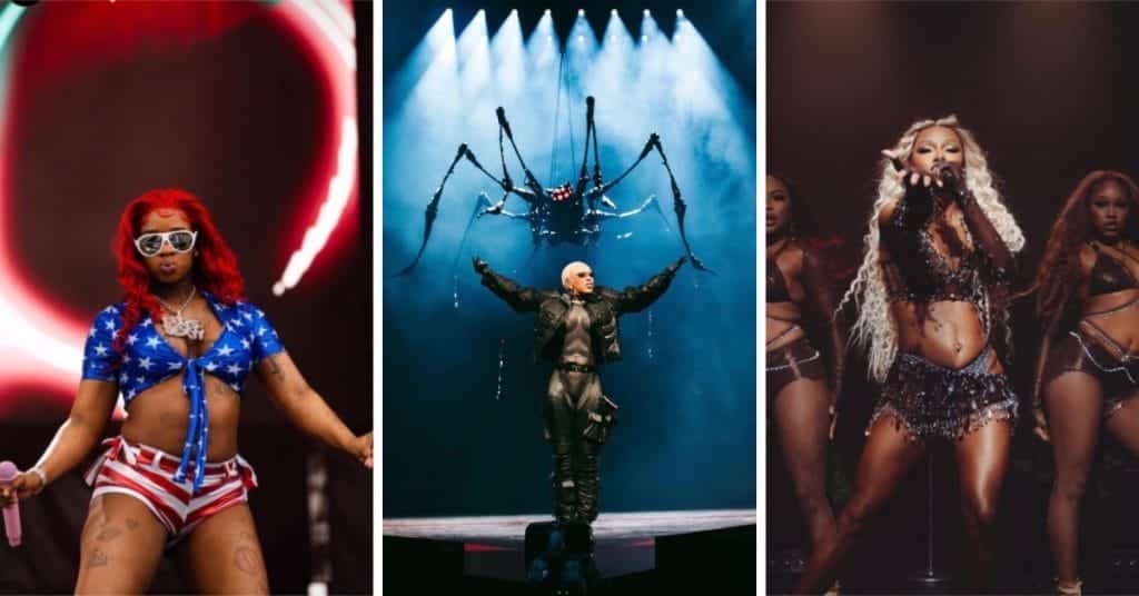 Three bonus artists on stage. from left to right, Sexyy Red, Doja Cat, and Victoria Monét