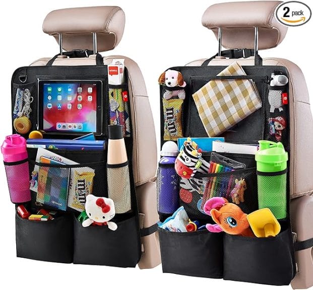 Backseat organizer filled with toys, accessories, tablet, water bottles, and food 