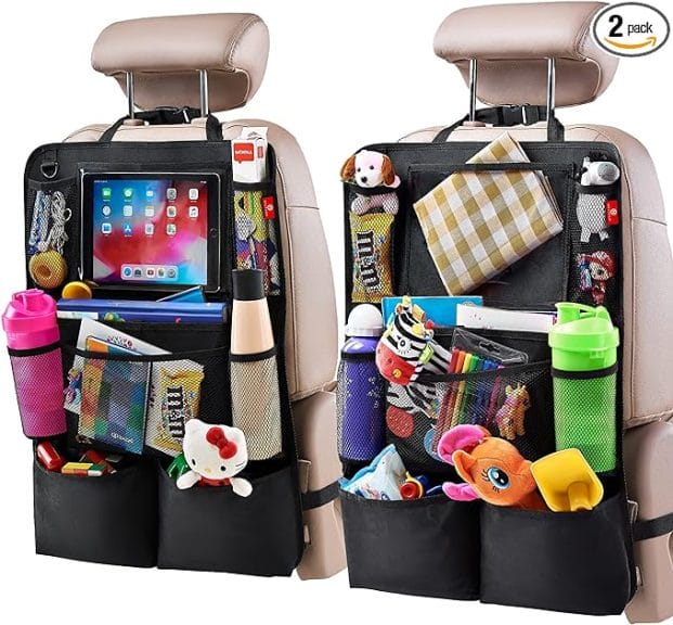 Backseat organizer filled with toys, accessories, tablet, water bottles, and food