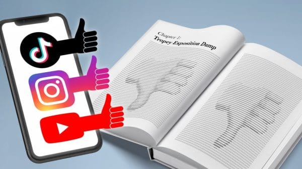 illustration of a phone with TikTok, Instagram and YouTube icons presenting thumbs up and an open book next to it with two thumbs down on the pages.