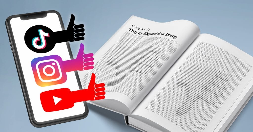 illustration of a phone with TikTok, Instagram and YouTube icons presenting thumbs up and an open book next to it with two thumbs down on the pages.