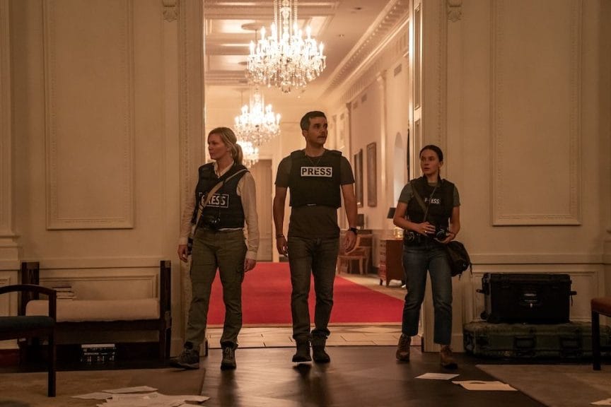 Kirsten Dunst, Wagner Moura, and Cailee Spaeny in Civil War.