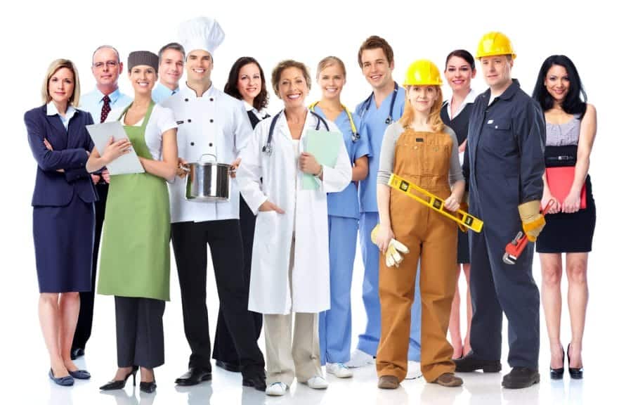 A line of people dressed up in uniforms of different professions.