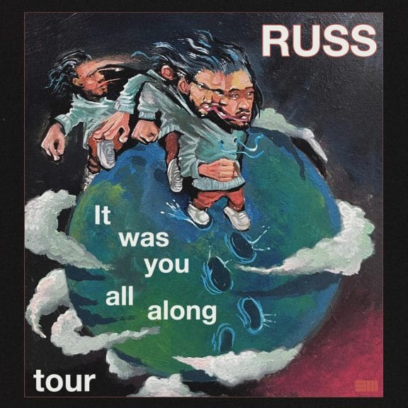 The cover art for to promote Russ's tour, displaying an oversized version of him traveling the world.