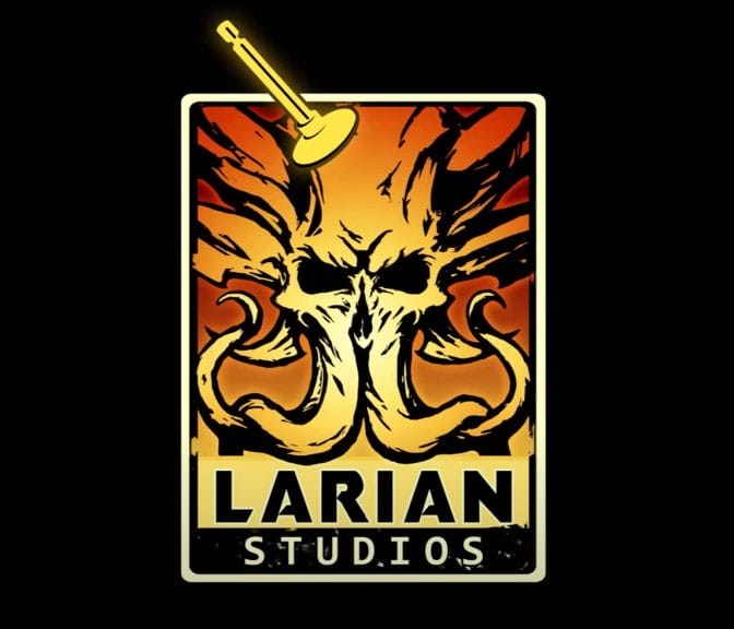The modified logo for Larian Studios that appears upon booting up Baldur's Gate 3, with a squid-faced creature being struck by a plunger.