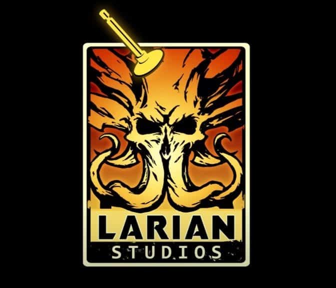 The modified logo for Larian Studios that appears upon booting up Baldur's Gate 3, with a squid-faced creature being struck by a plunger.