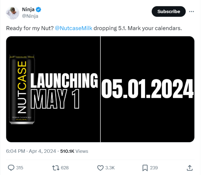 A Tweet with a black background and white and yellow text that reads 'Nutcase Milk. Launching May 1. 05.01.2024' The Tweet caption reads 'Ready for my Nut? 
@NutcaseMilk
 dropping 5.1. Mark your calendars.'