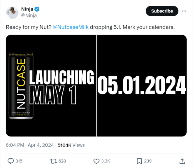 A Tweet with a black background and white and yellow text that reads 'Nutcase Milk. Launching May 1. 05.01.2024' The Tweet caption reads 'Ready for my Nut?
@NutcaseMilk dropping 5.1. Mark your calendars.'