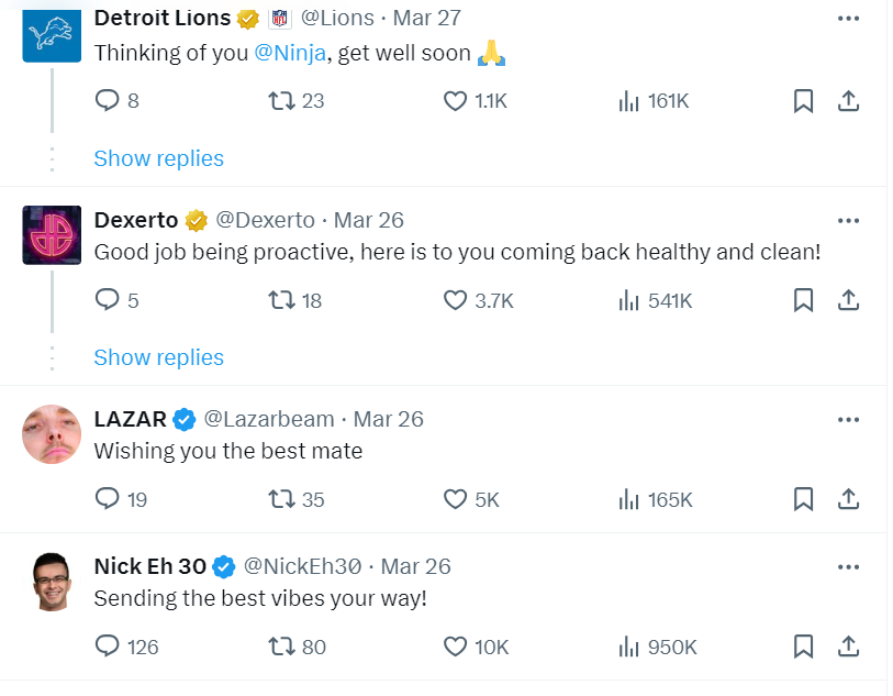 Tweets from Detroit Lions, LAZAR and Nick Eh 30 saying 'Thinking of you Ninja, get well soon', 'wishing you the best mate' and 'sending the best vibes your way!'