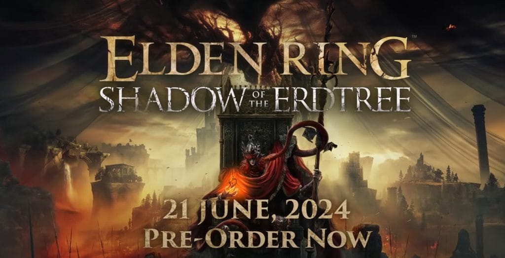 The promotional poster recently released for Elden Ring's DLC, Shadow of the Erdtree, depicting a flaming demigod atop a wooden throne.