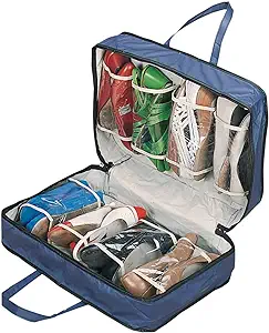 blue shoe organizer with shoes inside