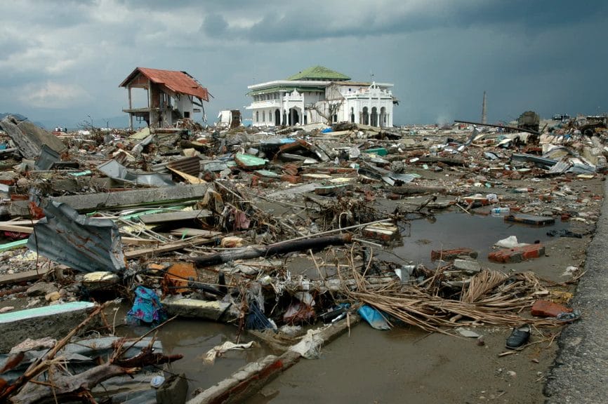 Wreckage from the 2004 Indian Ocean earthquake. 