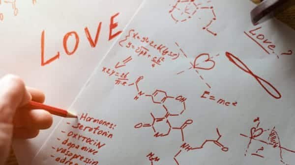 The concept of love as hormones. Sheets of paper written with formulas in search of an answer to the question of what is love .