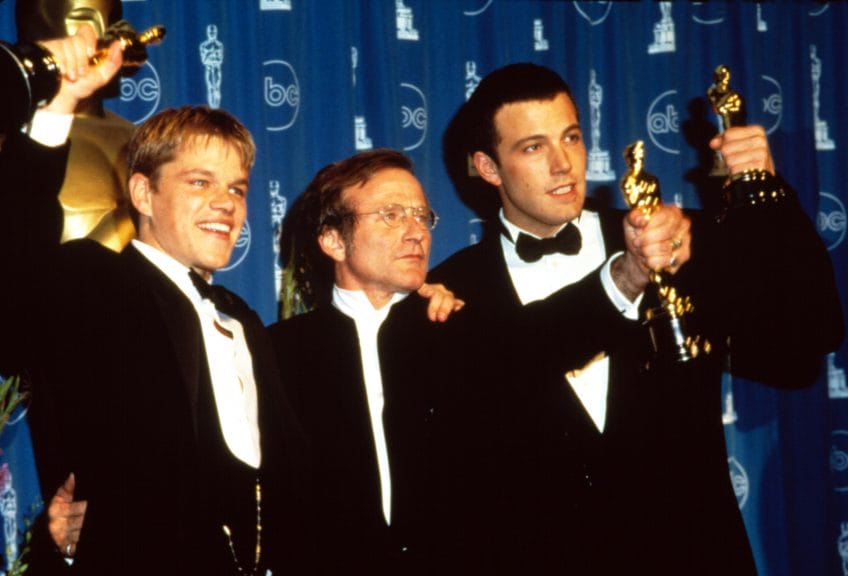 Matt Damon, Robin Williams and Ben Affleck with their Academy Awards for Good Will Hunting, 1998.