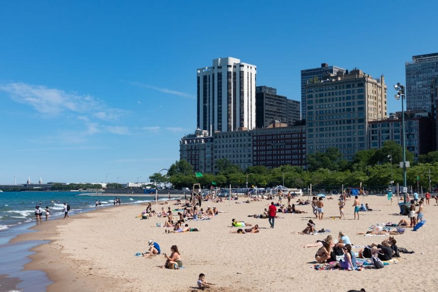 Oak Street Beach in Chicago, Illinois on a sunny day.