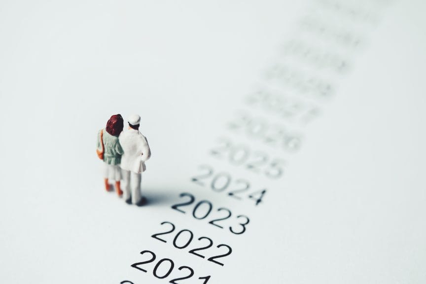 Miniature man and women stand next to the year 2023 looking ahead to future years.