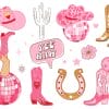 The picture shows pink coloured cowboy boots, cowboy hats, a cactus, flowers and stars. The background is white.