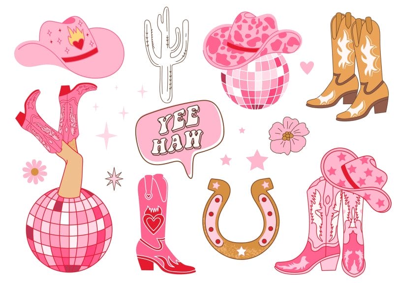 The picture shows pink coloured cowboy boots, cowboy hats, a cactus, flowers and stars. The background is white.
