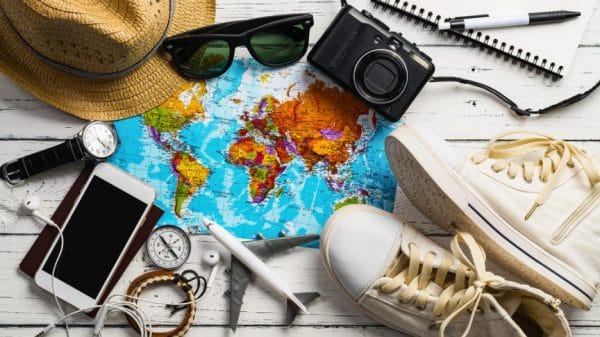 Overhead view of Traveler's accessories, Essential vacation items, Travel concept background