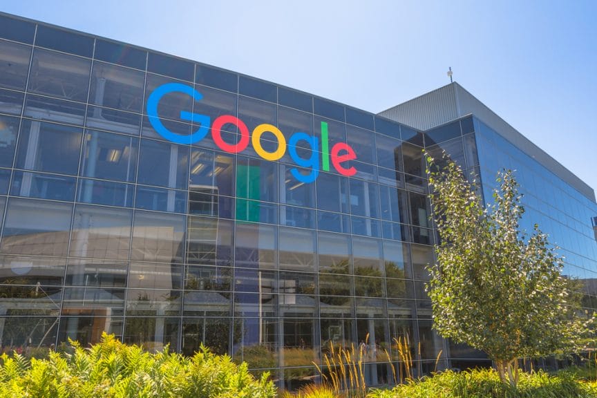 Image shows Google building, with Google logo on front.