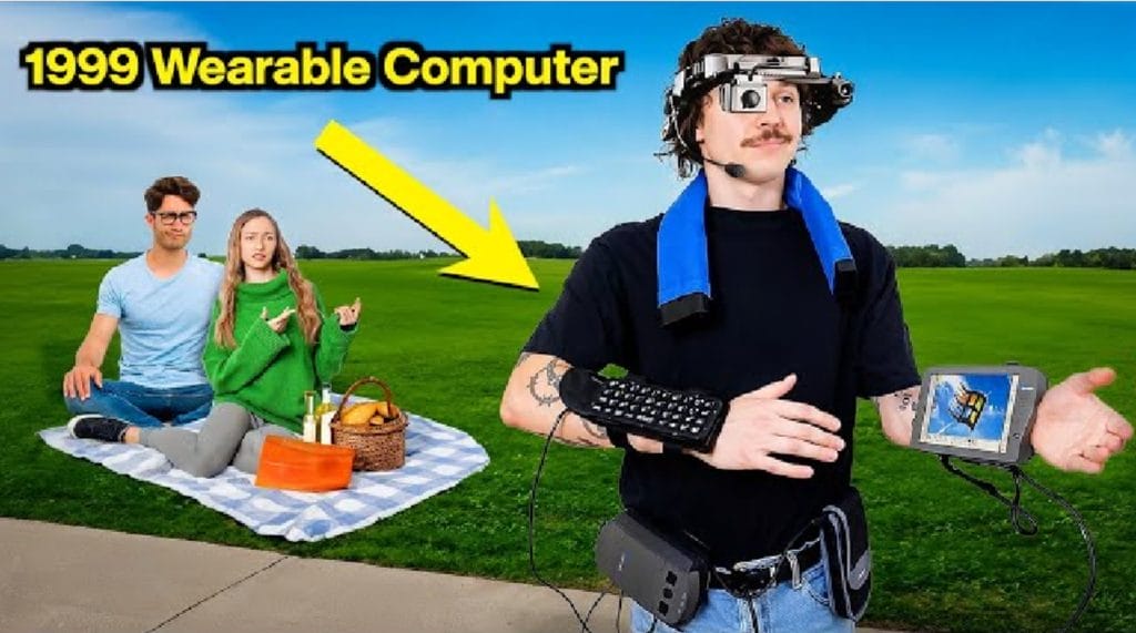 Kurtis Conner standing in front of a stock image of a couple having a picnic while wearing old technology that makes him look silly