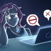 Graphic of a shadowy person with long purple hair sitting in the dark in front of an open laptop with the light blaring in their face. Bubbles of red 'X' and do not disturb symbols are coming out of the laptop,