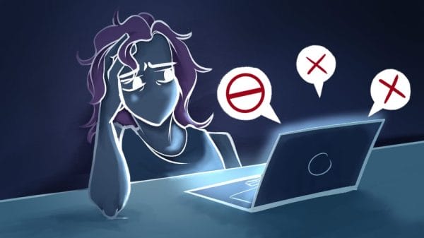 Graphic of a shadowy person with long purple hair sitting in the dark in front of an open laptop with the light blaring in their face. Bubbles of red 'X' and do not disturb symbols are coming out of the laptop,