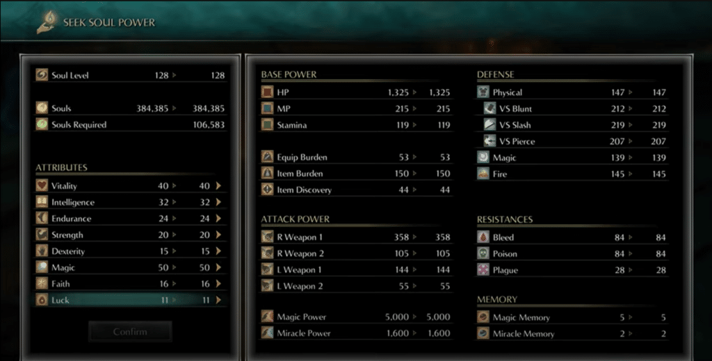A table depicting the core stats in Demon Souls and explaining what they do.