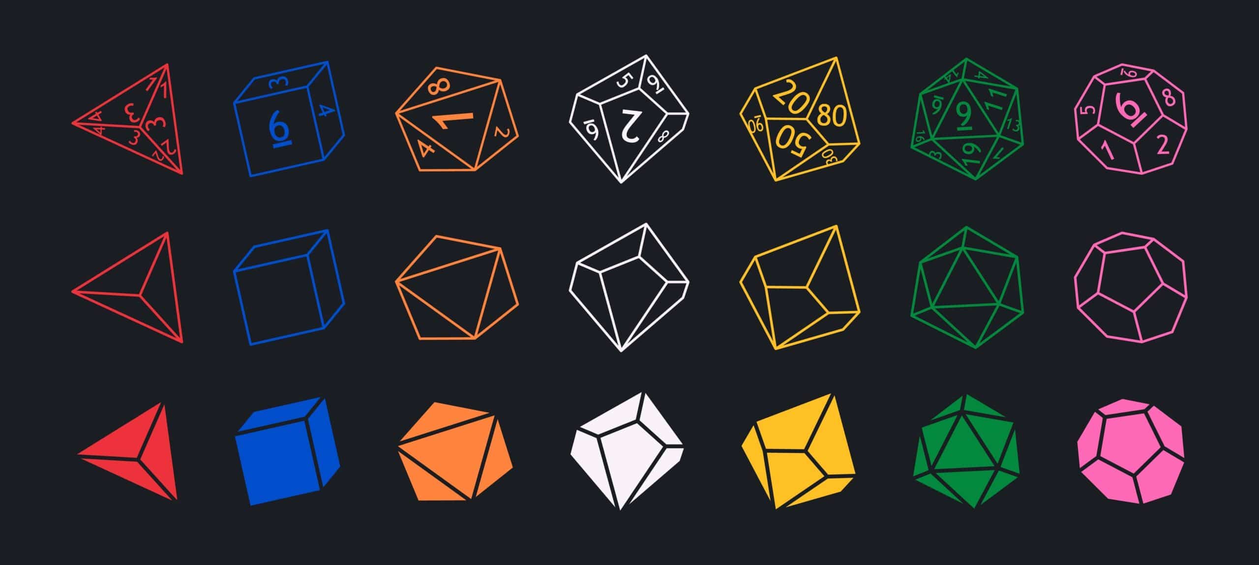 An illustration of a set of standard TTRPG dice.