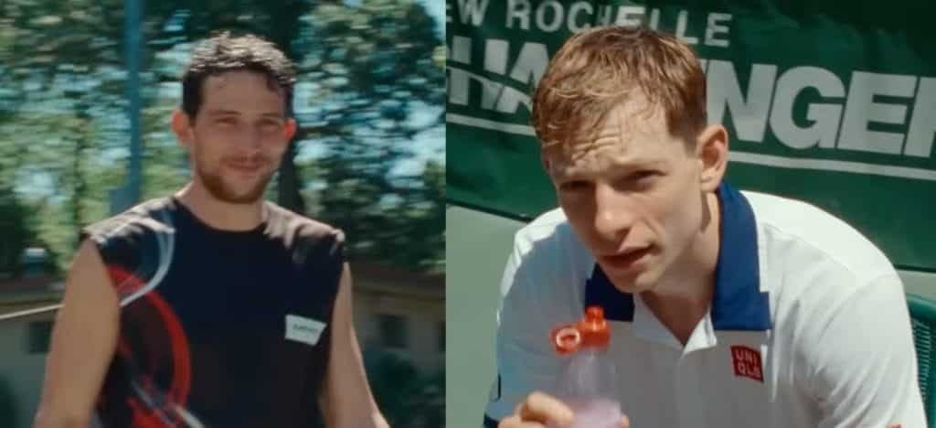 An image of a man on a tennis court, blurred, and an image of another man, sat down on the sidelines of a tennis court.